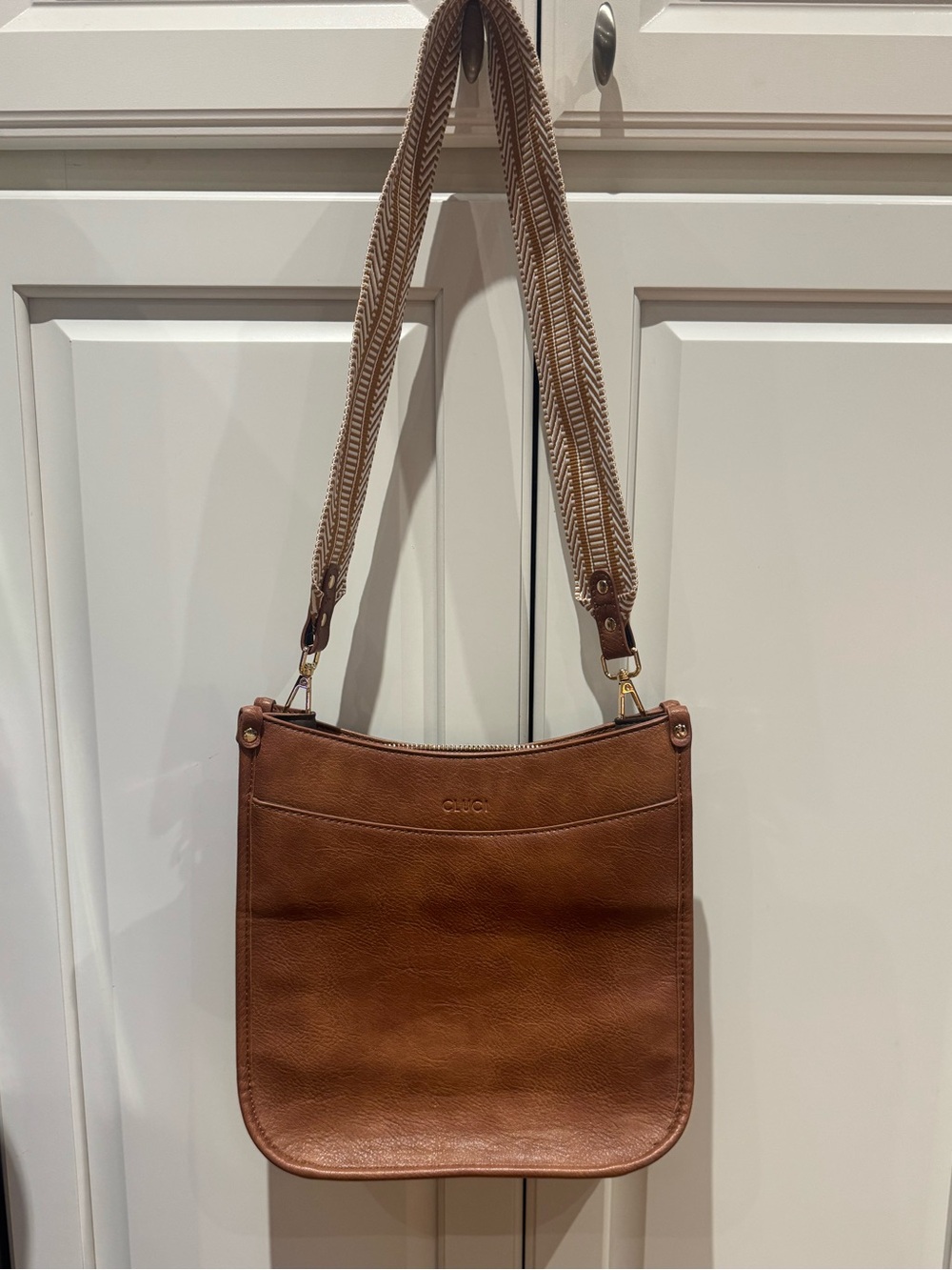 Brown Leather Shoulder Bag with Striped Strap - Picture 5 of 12